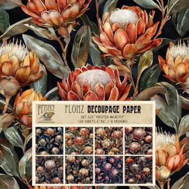 Imagem de Pacote de papel de decoupage (24 folhas 15 x 15 cm) Protea Majesty: flores protea em tons profundos e fundos escuros dramáticos com detalhes intrincados e arranjos naturais elegantes para estética