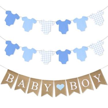 Imagem de 3 peças de roupas de bebê faixa azul body banner menino decoração chá de bebê faixa varal para revelação de gênero festa de aniversário papel decoração suprimentos