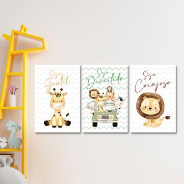 Imagem de Kit 3 Quadros Safari Infantil Frases Quarto Criança Placas
