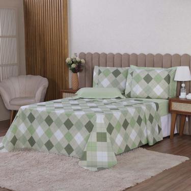 Imagem de Jogo De Lençol Beatriz Queen 4 Peças Percal 180 Fios 100% Algodão Ponto Palito - Verde Xadrez