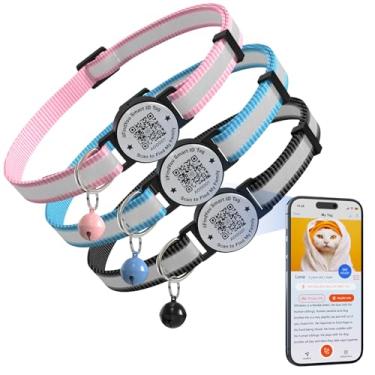 Imagem de ilFindYou Pacote com 3 coleiras para gatos com sinos, coleiras reflexivas para gatos com código Qr, coleira ajustável para gatinho com etiqueta de nome, preto, azul e rosa
