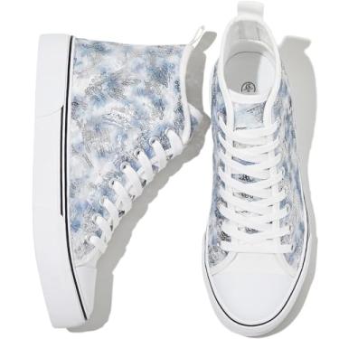 Imagem de kufeiti Tênis feminino de lona de cano alto com cadarço branco preto tênis casual caminhada, Azul acinzentado, 40