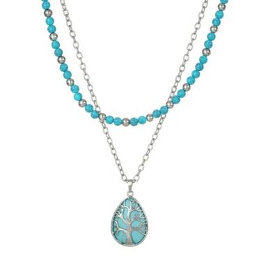 Imagem de Jules D. Colar com pingente de árvore da vida de pedra criada, boêmio, feito à mão, várias camadas, semipedras preciosas, para mulheres, boêmio, estilo ocidental, joias para mãe, Standard, Prata Prata