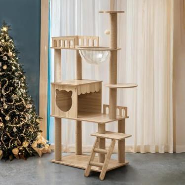 Imagem de Torre para gatos de 137 cm, madeira pura de vários níveis, torre moderna para gatos com condomínio, escadas para gatos, tigela, 9 postes de arranhar de sisal, poleiro superior, bolas de brinquedo