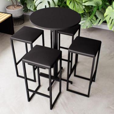 Imagem de Conjunto Mesa Alta Bar Bistrô Redonda Preta 4 Bancos Estofado Industri