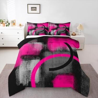 Imagem de jejeloiu Conjunto de edredom Queen abstrato rosa choque, cinza, branco, geométrico, para meninos e meninas, decoração de quarto, 3 peças, com 2 fronhas, microfibra