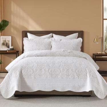 Imagem de KALOOLA Colchas bordadas Queen Size – Conjunto de cama acolchoado leve 100% algodão, 3 peças, colcha de cama vintage com 2 fronhas, colcha de cama reversível para todas as estações, branco/bege