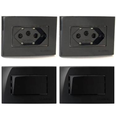 Imagem de 2 Tomada Embutir Móvel 3p 10a + 2 Interruptor Simples Preto - MARGIRIU