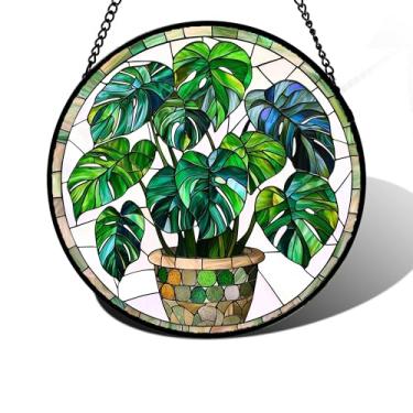 Imagem de DASTOLL Pendurado em vitral, planta verde Monstera t Suncatcher diamante painel de vidro colorido decoração para aniversário para mulheres, homens, esposa, tia e mãe, 25 cm