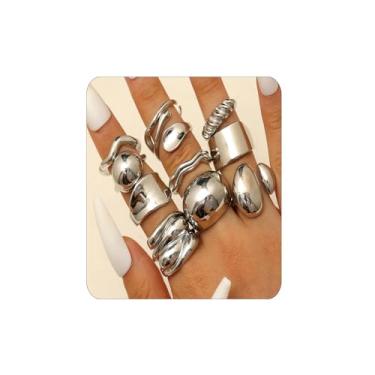 Imagem de ZMJK Conjunto de anéis de ouro volumosos empilháveis para mulheres 14 K, não manchados, ousados, grossos, vintage, prata, banda larga, geometria, pacote de anéis de articulação para adolescentes