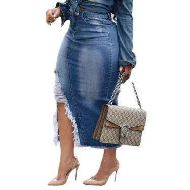Imagem de Saia Midi Jean Dvaemalligo Blue para mulheres com fenda e bolsos
