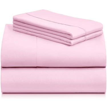 Imagem de LuxClub Jogo de lençol com 4 peças, bolsos profundos, ecológico, não amassa, refrescante, lavável na máquina, roupa de cama sedosa macia - rosa em pó casal