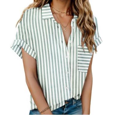 Imagem de Camisa feminina listrada HOTOUCH, linho havaiano, decote em V, manga c