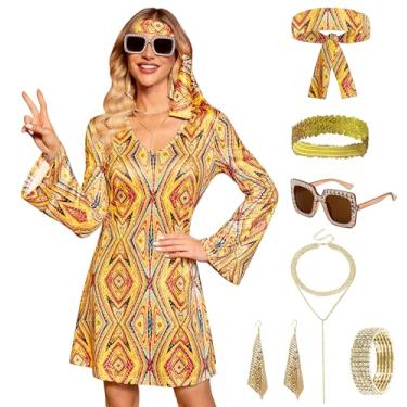 Imagem de Clarisbelle Vestido feminino de Halloween, 7 peças, discoteca, lantejoulas, dança dos anos 70, roupa de fantasia com óculos de sol e faixa de cabeça, Amarelo, X-Small