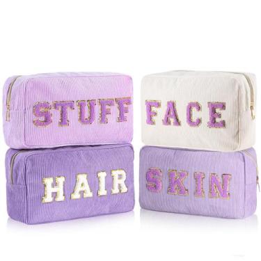 Imagem de Bolsas de maquiagem Pinkunn Preppy Chenille Letter 4 peças roxas