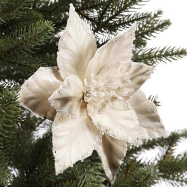 Imagem de Bucherry 12 peças de flores de poinsétia branca pérola para decoração de árvore de Natal, enfeites de Natal brancos artificiais com glitter de 15 cm com clipes para festa de Natal, guirlanda de