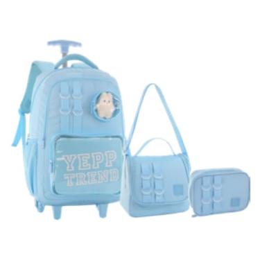 Imagem de Kit Escolar 3 em 1 Mochila Frente em PVC transparente Gatinho fofo com Rodinhas Bolsa Tiracolo Estojo Feminina (Azul)