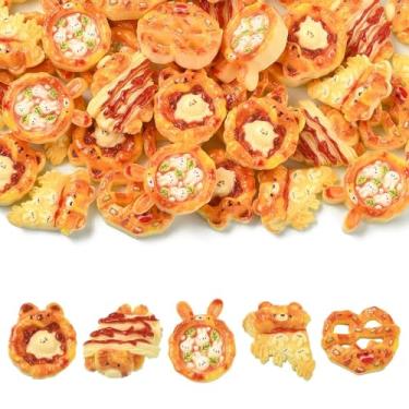 Imagem de UR URLIFEHALL 50 peças, 5 estilos, pão, animal, resina, cabochão fofo, imitação de pizza, berloques de fundo plano para decoração de capa de celular com clipe de cabelo faça você mesmo
