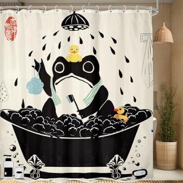 Imagem de LGhtyro Conjunto de cortina de chuveiro de sapo engraçado, 188 cm L x 213 cm A, estilo asiático, arte tradicional japonesa, animal fofo, borracha, pato, acessórios de banho, arte bege, decoração de