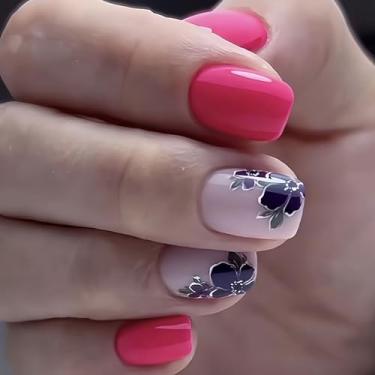 Imagem de RTKHFZE Unhas postiças quadradas vermelhas curtas com desenhos de flores doces, unhas artificiais, 24 peças, cobertura total, unhas postiças, para mulheres e meninas