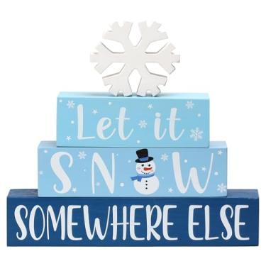 Imagem de Conjunto de 4 peças de decoração de mesa de floco de neve de inverno peça central de madeira rústica para bandeja de Natal em camadas, cornija, prateleira, casa de fazenda, decoração de casa