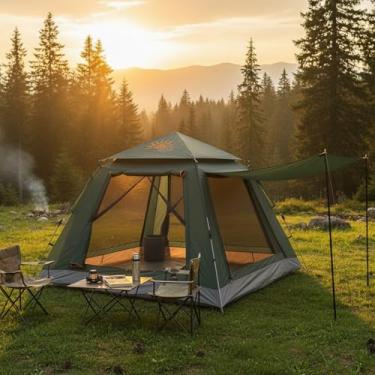 Imagem de Barraca de Camping 2-4 Pessoas Impermeável Automática com Mosquiteiro, ComVobertura e Proteção Solar Dobrável Camping Equipamentos,Dobrável (Verde)