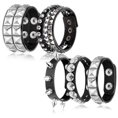 Imagem de Gjinxi Conjunto de pulseiras de couro para mulheres, punk, cravejadas, 5 peças, pulseira de couro preto com rebite, pulseira de metal ajustável para homens e mulheres, acessórios de emoção de rock