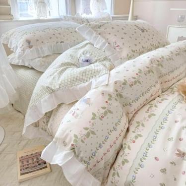 Imagem de Conjunto de edredom solteiro GG com estampa de flores e folhas verdes, branco, com 2 fronhas, reversível, xadrez, verde, botânico, coelho fofo