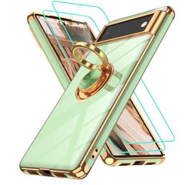 Imagem de Gritup Capa para celular Google Pixel 6: 2 peças, protetor de tela, suporte de anel de rotação de 360°, suporte magnético, borda dourada, capa protetora à prova de choque de TPU macio para telefone