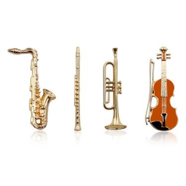 Imagem de Conjunto de 4 peças de broche de instrumento musical, trompete dourado, violino, clarinete, saxofone, alfinete, alfinete, emblemas, metal, emblemas, lapela para homem, mulher, camisa, cachecol