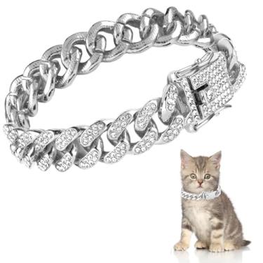 Imagem de XLIUAX Coleira de corrente de diamante de gato, coleira cubana com glitter com fivela segura 12 mm de largura, colar de metal para cães, acessórios para gatos, gatinhos, cães, filhotes, 20 cm (prata)