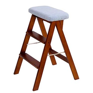 Imagem de LXB Banqueta para adultos escada de madeira maciça com 3 pedais, escada dobrável para uso doméstico, antiderrapante, multifunções/marrom