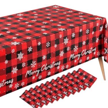 Imagem de Fivebop Pacote com 10 toalhas de mesa de plástico de Natal descartáveis com floco de neve vermelho 137 x 272 cm, capas de mesa retangulares para decoração para banquetes de festas de fim de ano (10