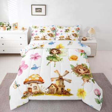 Imagem de Erosebridal Conjunto de cama solteiro com jardim de fadas, princesa, sonhador, flores românticas, plantas, para crianças, meninos, meninas, adultos, decoração de quarto de princesa, com enchimento de