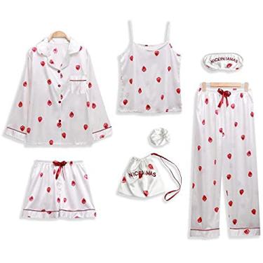 Imagem de ifgswopq 7 peças de pijama de cetim para casa roupa feminina casual roupa de dormir roupa de dormir roupa de dormir roupa de dormir roupa de dormir (Médio)