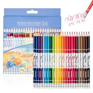 Imagem de Ouksma Conjunto de 24 lápis de cor apagáveis, lápis de cor com borrachas, materiais de arte escolar para desenhar, colorir, esboçar, projetos de arte (24 cores)