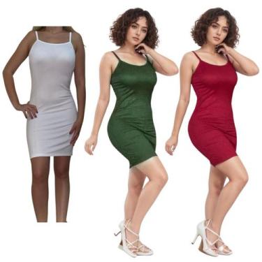 Imagem de KIT C/3 Vestidos Alcinha Canelado - Emporio J, Branco, Militar, Vinho,