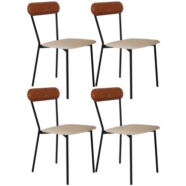 Imagem de Kit 04 Cadeiras Estofada Para Sala de Jantar Liora Preto C01 Linho Areia Courino Caramelo - Lyam Decor