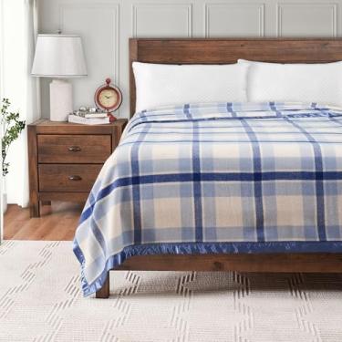 Imagem de Creswick Wool Cobertor 100% lã merino australiana len Mills – macio, quente e natural com encadernação de cetim, roupa de cama luxuosa respirável para todas as estações, (xadrez azul, tamanho casal
