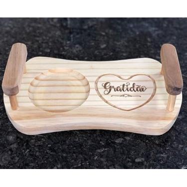 Imagem de Bandeja de Madeira Pinus para Xícara com Design Gratidão, Suporte Decorativo com Alças