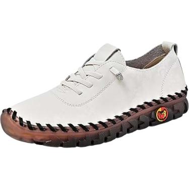 Imagem de Tênis feminino de couro macio sem cadarço, mocassim moderno, feito à mão, bordado floral, tênis de caminhada, Branco, 39 BR