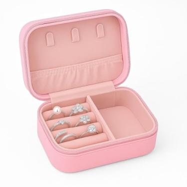 Imagem de Porta Jóias de Viagem Retangular em Couro PU, Rosa, Organizador Compacto com Ganchos e Divisórias, 10,5 x 6,5 x 3,5 cm, Estojo para Brincos, Anéis, Colares e Pulseiras