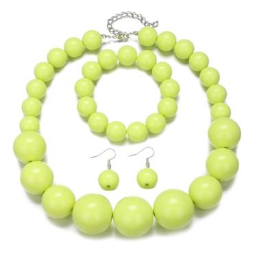 Imagem de Pingyongchang Conjunto de joias coloridas de contas grossas boho grande simulado colar de pérolas e brincos conjunto de brincos para festas de fim de ano, roupa de noiva para mulheres, Small, Resina