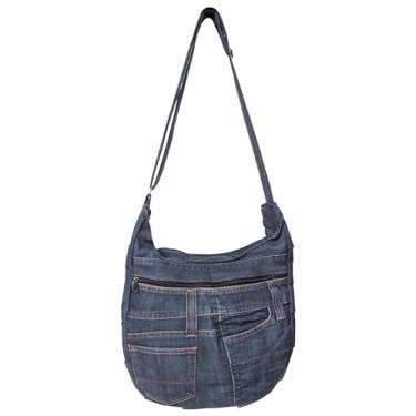 Imagem de Bijoux de Ja Bolsa tiracolo feminina com pregas jeans Upcycled, bolsa jeans feita à mão com alça ajustável e bolso, Azul, Medium