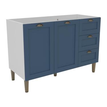 Imagem de Balcão Cozinha Americana Para Pia 120cm 2 Portas 3 Gavetas Sem Tampo Multimóveis Cr20486 Branco-Azul