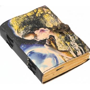 Imagem de TUZECH Livro de feitiços de couro encadernado com borda de baralho, papel Grimório impresso, caderno de terceiro olho, espiral gótico, antigo, livro vintage para homens e mulheres (Guardião da