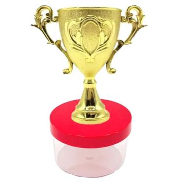 Imagem de Kit Lembrancinha Tema Futebol: Caixinha Acrílica Redonda + Mini Troféu Dourado Decoração Mimos Festa Campeão (10 Taça 10 Caixa Tampa Vermelha)