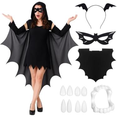 Imagem de Skicuff O conjunto de fantasia adulto com asas de morcego de vampiro inclui asas, máscara, orelhas, faixa de cabeça, dentes para Halloween, preto
