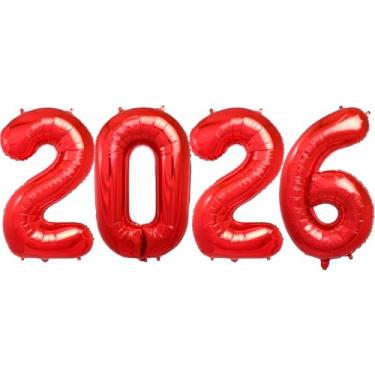Imagem de Pacote 2026 de 101 cm com 4 números grandes de balões vermelhos de hélio grande número Mylar para Natal, Ano Novo, festa de formatura, aniversário