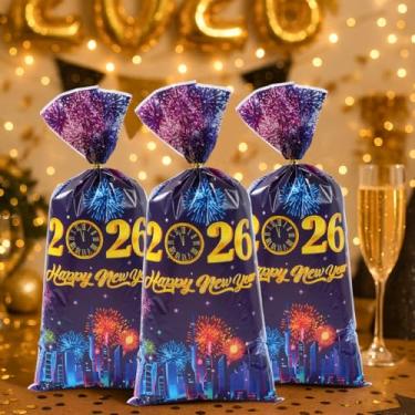Imagem de 50 unidades de sacos de petisco de festa, azul-violeta 2026 Feliz Ano Novo sacos de presente com cordão, sacos de guloseimas de celofane doces com laços dourados para festa de casamento de ano novo